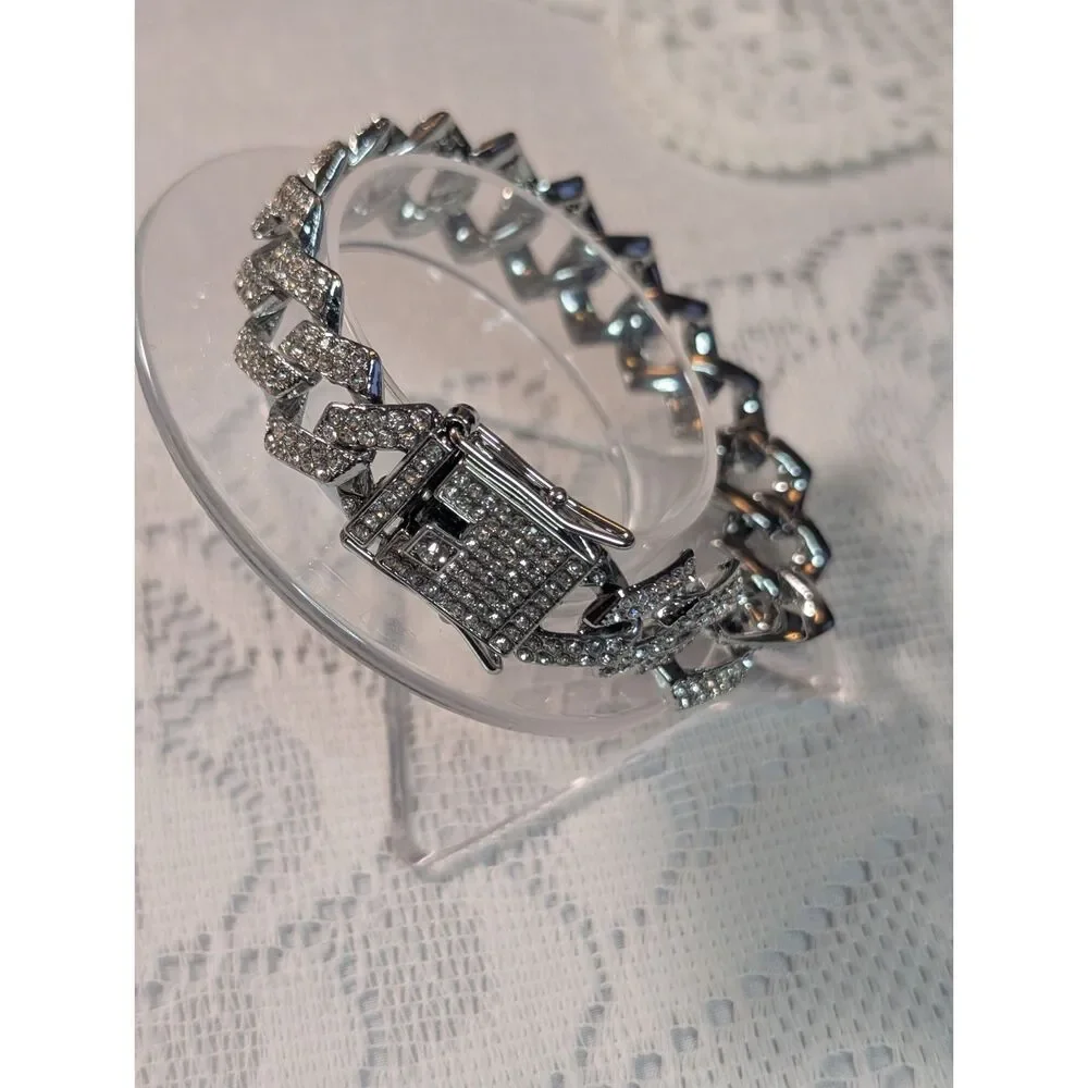 Iced Out Silver Cuban Link Chain Necklace & Bracelet Set Bling